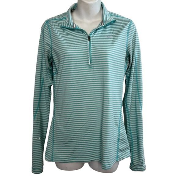 NIKE DRI-FIT Running Striped Aqua Blue White Pullover 1/4 Zip Long Sleeve Top S - Picture 1 of 16